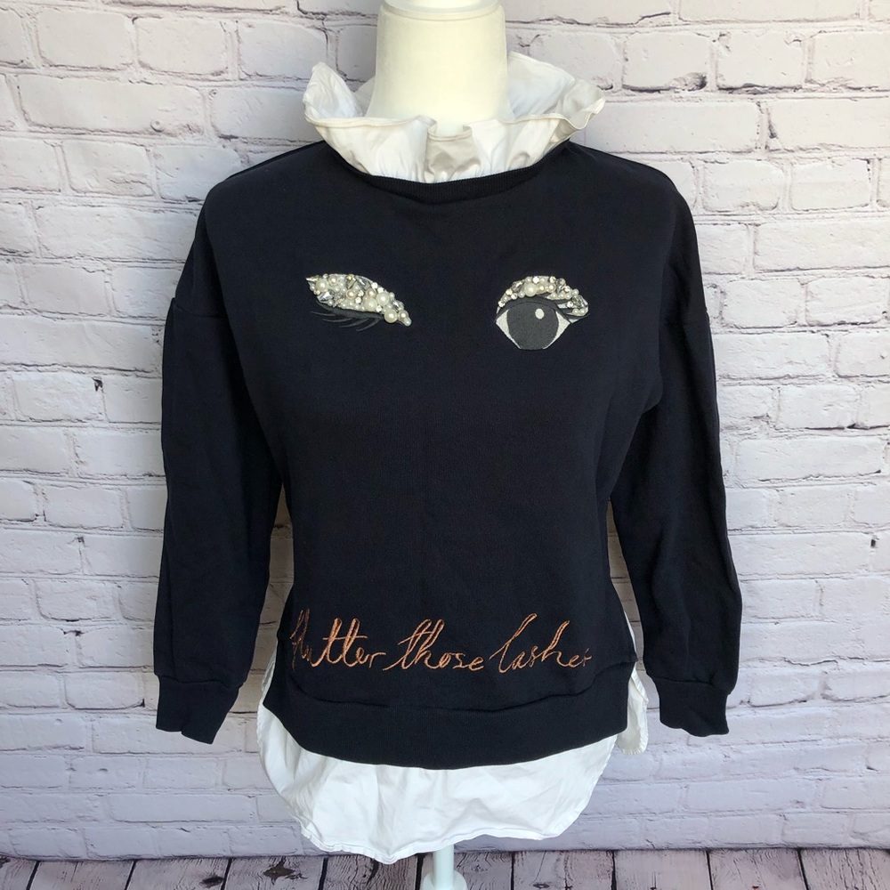 Ted Baker London Black Embellished Eye Sweatshirt with White Ruffle Detail